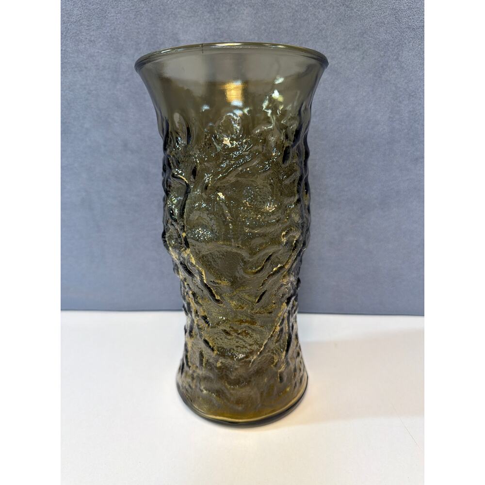 Mid Century Vintage EO Brody Smoked Brown/Grey Crinkle Glass Flower Vase 9.5"
